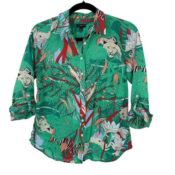 Talbots Jungle Tiger Print Button Up Top Size Small SP Colorful Long Sleeve Arts - Picture 1 of 11